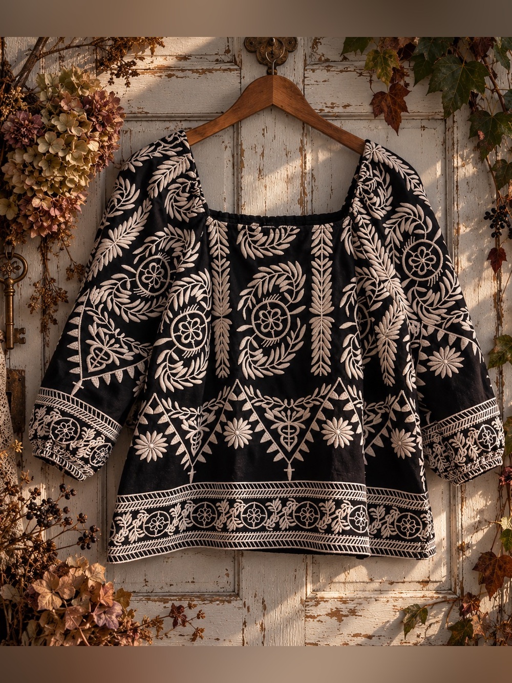 Saks Fifth Avenue Boho Embroidered Folk Blouse Black Ivory Puff Sleeve L
